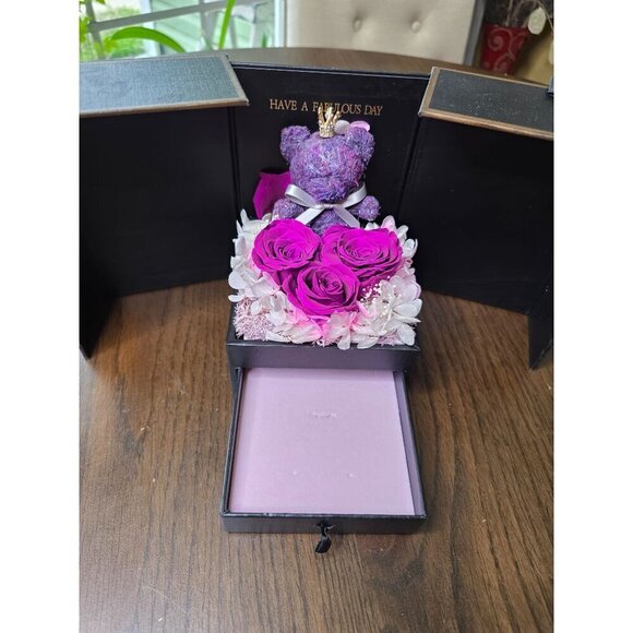 Luxury Black Gift Box With Purple Teddy Bear Preserved Roses & Decorative Flower - Picture 3 of 14
